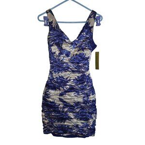 NWT Nicole Miller Gold Label‎ Blue Cream Floral Ruched Cocktail Dress $455